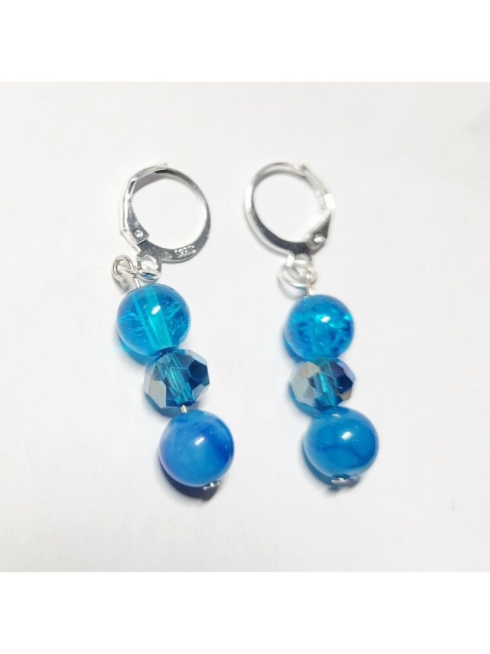 Crystal Blue Beaded Drop Earrings 925 Sterling Silver